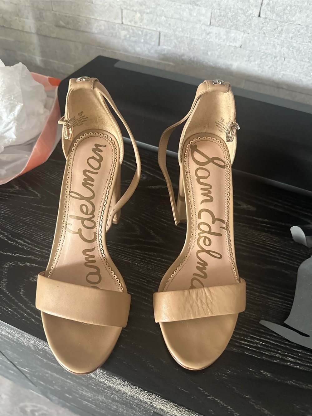 SAM EDELMAN Tan Leather Open-Toe Ankle-Strap Heels